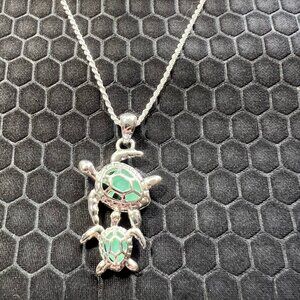 Turtle Necklace with Aqua Sea Glass 18K White Gold Plated